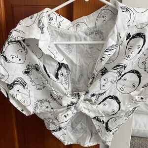 Unique Faces Cropped Button-Up Tied Shirt